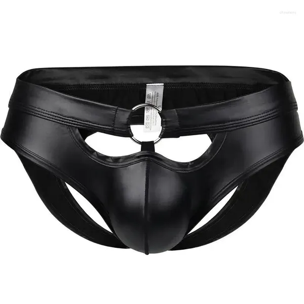 Calzoncillos Calzoncillos de cuero sintético para hombre Ropa interior sexy Bolsa para pene PU Hueco Botón de anillo abierto Sin espalda Jockstrap Calzoncillos eróticos Bragas Etapa