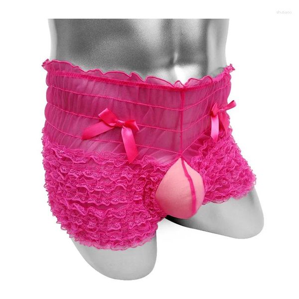 Calzoncillos de encaje floral Sissy Bragas con bolsa de pene Ropa interior para hombres Lencería sexy Falda Clubwear Bloomers con volantes Pantalones cortos