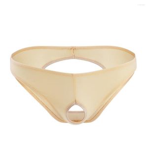 Calzoncillos con aro en la parte delantera para hombre, ropa interior Sexy transparente, Tanga con espalda en T y entrepierna abierta, lencería ahuecada