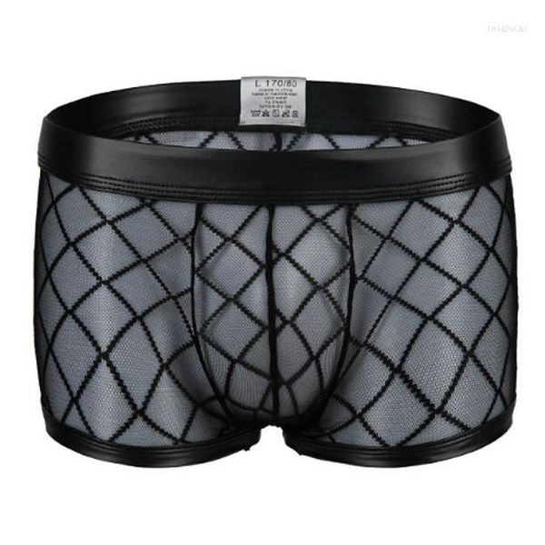 Calzoncillos Gay Bar Performance Boxers para hombre Ropa interior Sexy Black Plaid Fishnet Boxer Mesh Transparente Ver a través