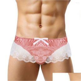 Men de cale gais Lace G-string Sissy jupe t-back tong ruffle érotique lingerie pochette y satin satin satin sous-vêtements u50 drop dhbwk