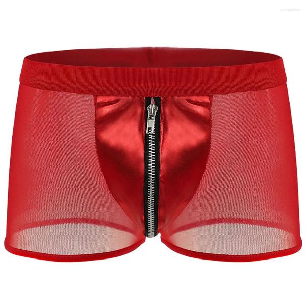 Calzoncillos Gays Ropa interior divertida para hombres Bolsa convexa Boxer Shorts Sissy Cintura media Troncos inferiores Malla fina Cremallera de cuero Pantalones Aro