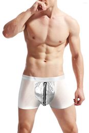 Onderbroek glanzende sexy ondergoed boksers shorts lage taille fijne gaas imitatie lederen ritssluiting platte hoekbroek slipje