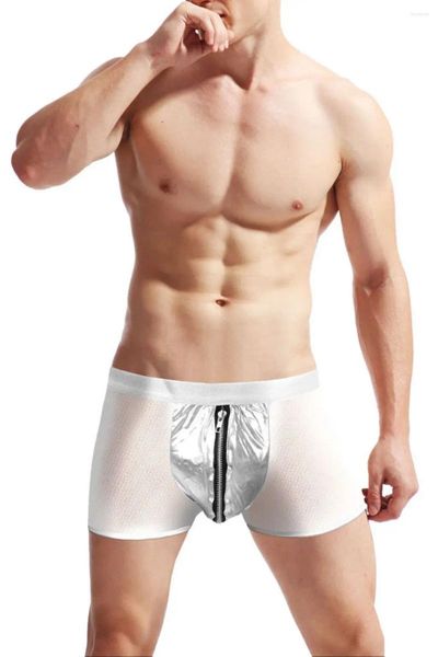Sous-vêtements brillants sexy sous-vêtements boxer shorts taille basse maille fine imitation cuir fermeture éclair coin plat pantalon culotte