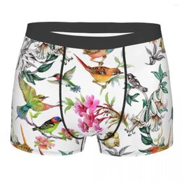 Sous-vêtements dessinés à la main Fleurs d'été Hommes Sous-vêtements Aquarelle Oiseaux Boxer Shorts Culotte Imprimé Respirant Pour Homme