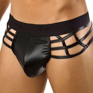 Slip évider hommes mode discothèque cuir verni PU miroir culotte Sexy sous-vêtements poche convexe Sissy Lingerie érotique