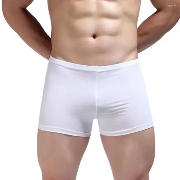 Caleçons de soie glacée hommes boxeurs troncs sous-vêtements extensibles taille basse shorts U poche convexe culottes hommes voir à travers les fonds de sommeil