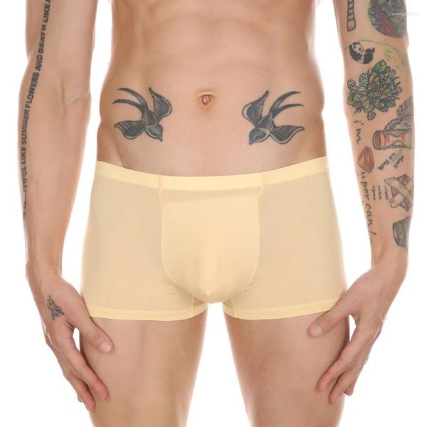 Calzoncillos de seda de hielo para hombre, ropa interior, calzoncillos tipo bóxer, pantalones cortos sexys, bañadores con bolsa convexa en U con copas, bragas para mejorar el pene, Boxers