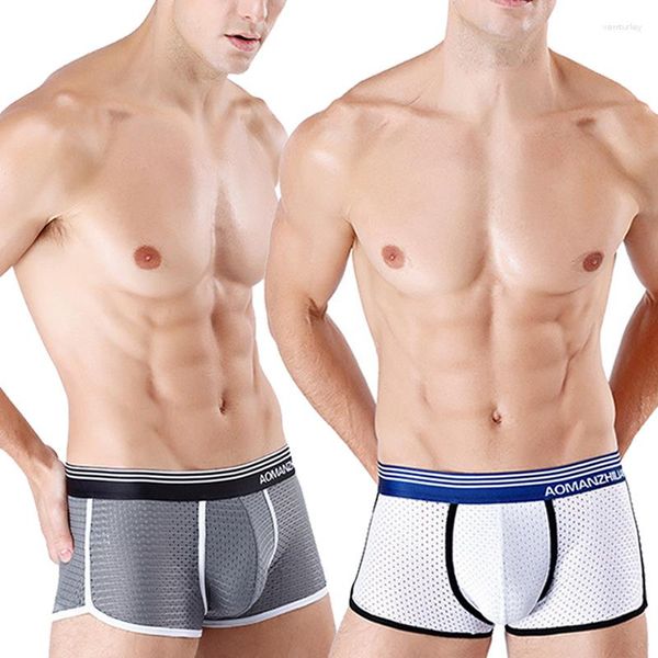 Calzoncillos de seda helada para hombre, ropa interior de malla suave, transpirable, Sexy, bóxer, calzoncillos deportivos para pene, bolsa para hombre Gay