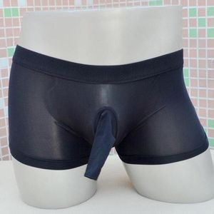 Caleçon Sous-vêtement en soie glacée avec gaine ouverte pour pénis Boxer sexy pour homme Short transparent Tronc d'éléphant taille basse doux