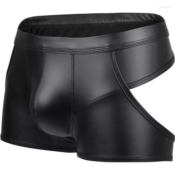 Sous-vêtements simili cuir hommes boxeurs taille basse sexy laqué hommes sous-vêtements évider hanche scène costume pantalon érotique