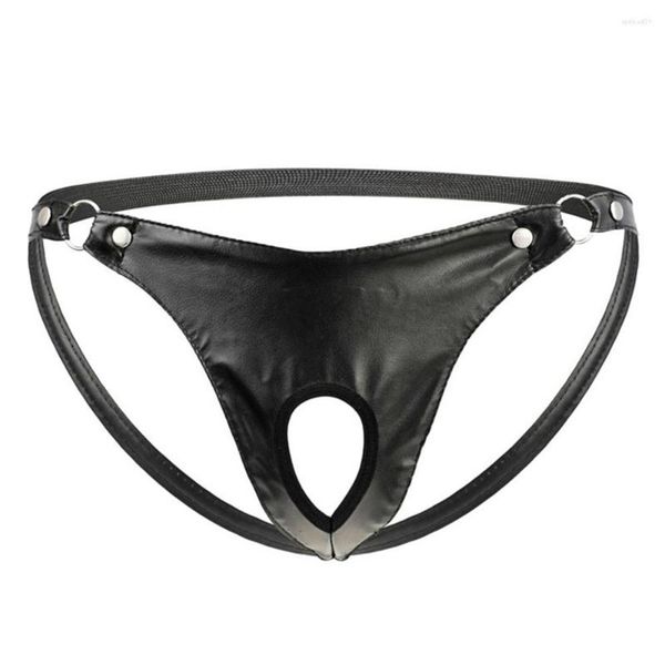 Calzoncillos Jackstrap Hombres Sexy Ropa interior de cuero artificial Anillo de metal Calzoncillos Jock Correa String Tanga T-Back Sissy Bragas238m