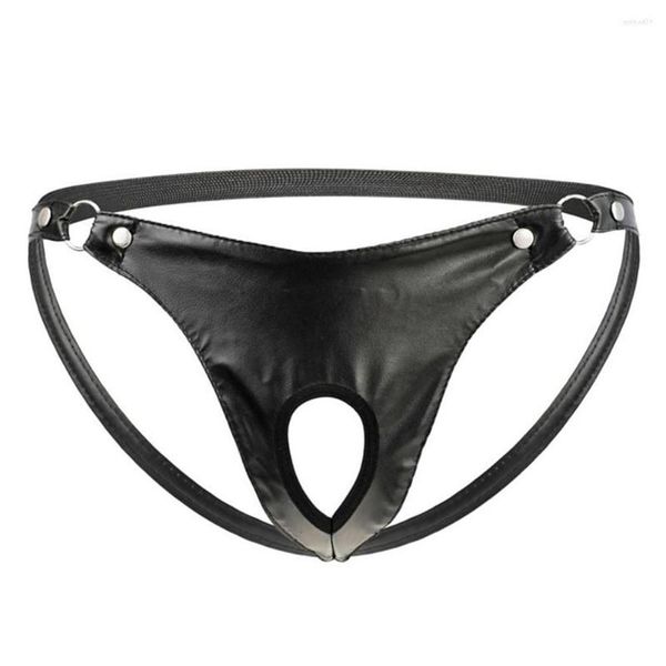 Calzoncillos Jackstrap Hombres Sexy Ropa interior de cuero artificial Anillo de metal Calzoncillos Jock Correa String Thong T-Back Sissy Bragas305H