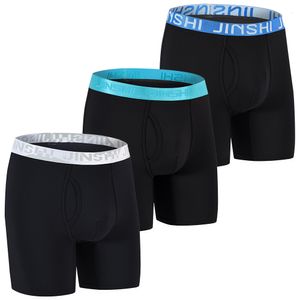 Onderbroek Jinsh Black 3 Pack Men's Long Leg Boxer Slips Geen rit omhoog Bamboo Ademend open vlieg ondergoed maat M-3XL 230508