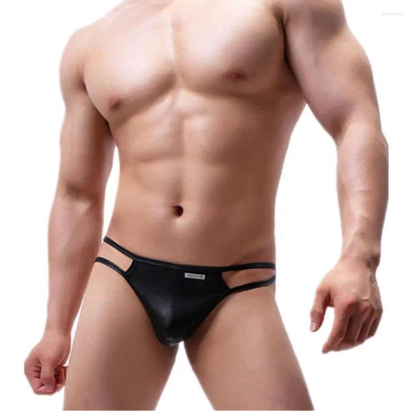 Calzoncillos JJSox Men Underwear Micro Bikini tanga PU Cuero Mini Briefs Bajas de baja altura Brazo Spandex Nylon G-Strings Sexy