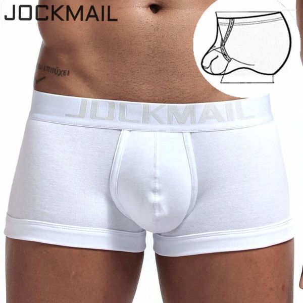 Calzoncillos JOCKMAIL Hombres sexy Ropa interior Anillo de pene Bolsa U Convexo Cintura baja Transpirable Gay Boxer Algodón Balas separadas Sólido Blanco