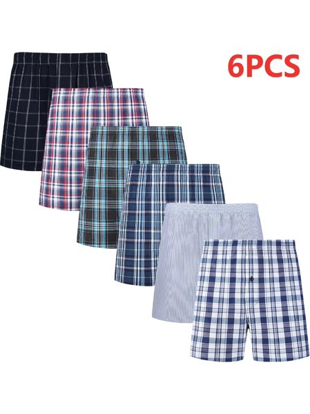 JupiterSecret 6 pcs Boxer Shorts Casual Plaid Ceinture élastique Bouton Mens Boxer Sous-vêtements Tissé Shorts pour la maison 231117