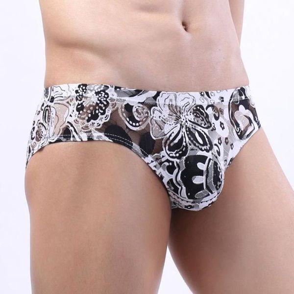 Calzoncillos de encaje para Hombre, bolsa convexa con estampado de flores, bragas de malla con perspectiva para Hombre, ropa interior Sexy para Hombre, Tanga para Hombre, calzoncillos