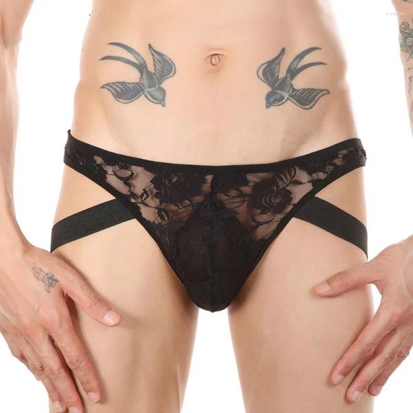 Sous-vêtements en dentelle Slips Sexy Hommes Sous-vêtements transparents Gay Penis Pouch Sissy Culotte Jockstrap Fesses Creuse String Mâle Bikini Bain