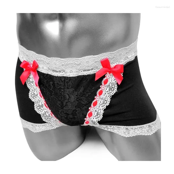 Sous-vêtements dentelle Sissy Boxer Shorts culottes avec nœud coton élastique Sexy mâle mince sous-vêtements marque hommes Gay taille basse sous-pantalon