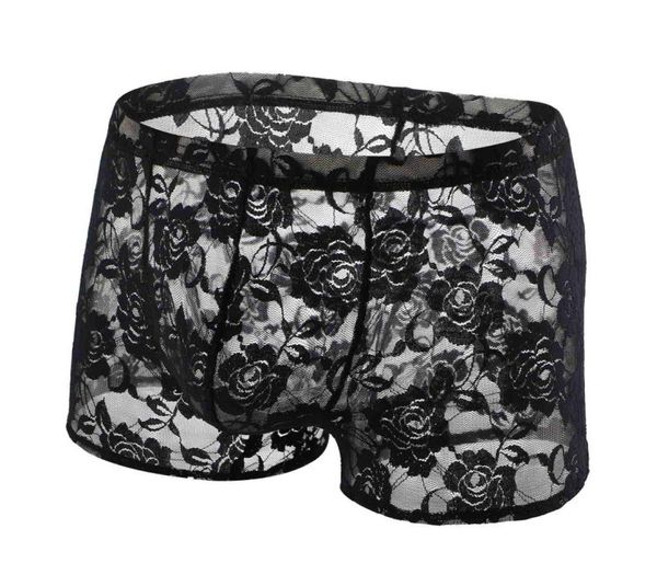 Sous-vêtements en dentelle sous-vêtements hommes sexy voir à travers des culottes boxeurs pochette à pénis longue jambe creuse maille hommes boxer transparent 6992750