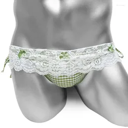 Sous-vêtements dentelle-travail Sexy Lingerie culotte pour Sissy hommes slips sous-vêtements mode Plaid Bowknot Bikini Super taille basse
