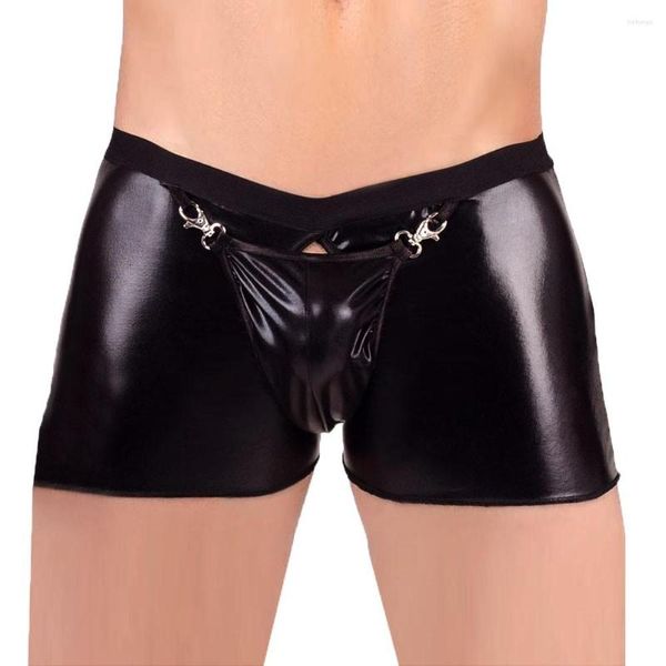 Caleçon en cuir Boxer Shorts sous-vêtements gai Transparent Sissy pochette amovible tongs fête taille basse boxeurs mâle Tanga