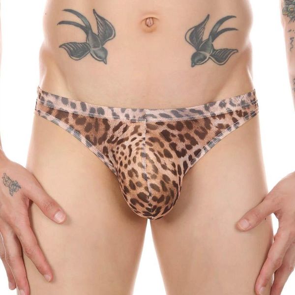 Calzoncillos de leopardo para hombre, ropa interior Sexy de malla transparente, lencería erótica, ropa interior de cintura baja, bolsa de bulto transpirable sin costuras