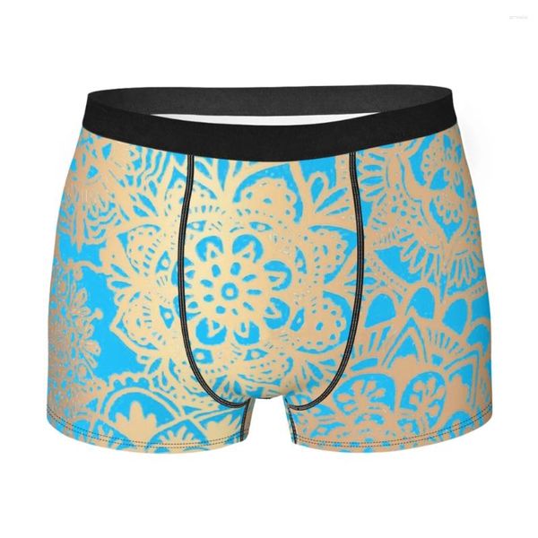 Calzoncillos Bóxer para hombre con diseño de mandala azul claro y dorado, ropa interior bohemia muy transpirable, pantalones cortos con estampado de alta calidad, idea de regalo