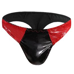 Calzoncillos cintura baja sexy moda masculina imitación cuero tanga g-string para hombre negro rojo contraste color ropa interior bragas
