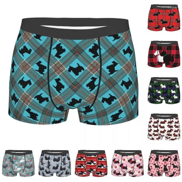 Calzoncillos masculinos sexis negros Scottie Dog a cuadros tartán ropa interior escocés Terrier Boxer calzoncillos hombres pantalones cortos elásticos bragas