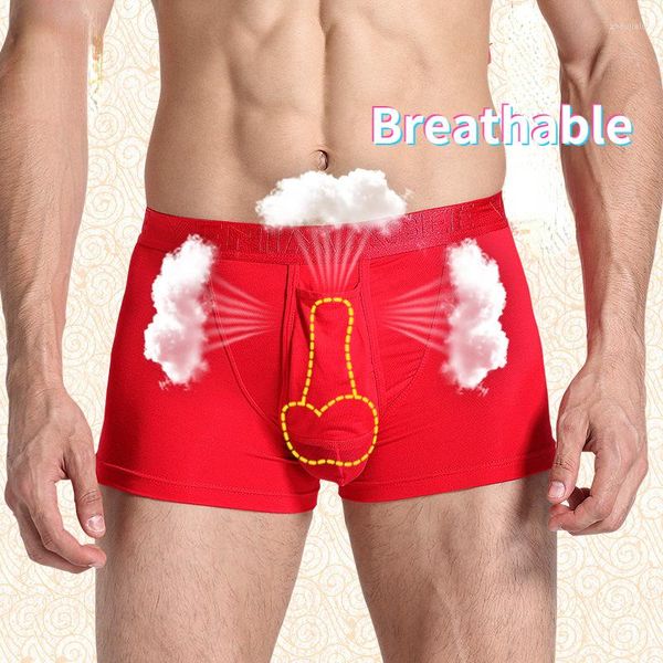 Slip Homme Sexy Respirant Lingerie Rouge Pénis Pouch Boxers Taille Basse Mode Sous-Vêtements Doux Gay Érotique Culotte Style Chinois Garçon Shorts