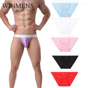 Slip homme slips WOXUAN Gay Sexy haute fente jockstrap sous-vêtement solide soyeux Sissy poche bombée Lingerie couleur bonbon