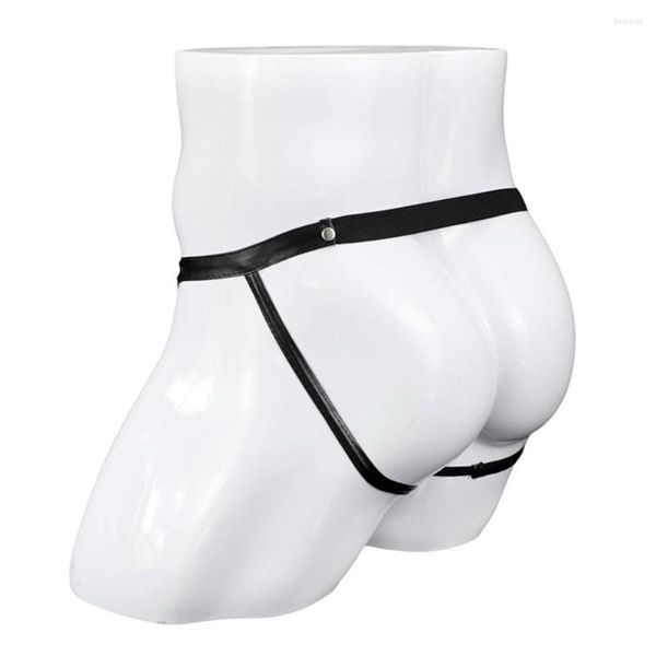 Calzoncillos Ropa interior sexy para hombres Cuero artificial Anillo de metal Tanga Jock Correa Falsa cremallera Cadena