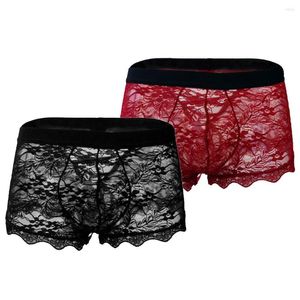 Caleçon Homme Sexy Sous-Vêtements Dentelle Transparent Maille Taille Basse Boyshort Noir Rouge Hommes Boxers Respirant Ropa Intérieur Hombre