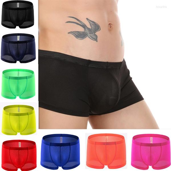 Calzoncillos para hombre, ropa interior Sexy, bragas masculinas, lencería, calzoncillos de seda helada, malla pequeña, cómoda, transpirable, cubierta en U, calzoncillos con bolsa para pene