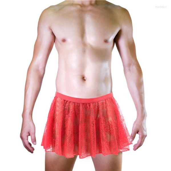 Caleçon homme couleur unie culotte Sexy jour système taille basse dentelle grande jupe d'angle plat Pseudo fille Gay Style pleine transparence