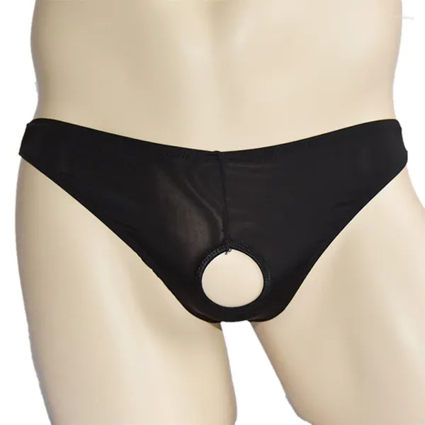 Calzoncillos para hombre, calzoncillos de Bikini, ropa interior Gay, lencería de nailon, bragas de negocios abiertas sexys, tangas sin entrepierna con anillo para hombre