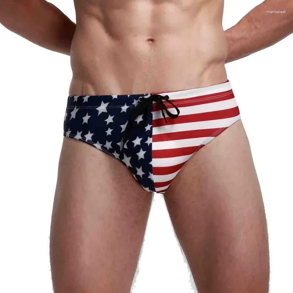 Calzoncillos Hombres Bikini Calzoncillos con bandera americana Ropa interior de impresión Troncos de secado rápido Trajes de baño de playa sexy Bolsa de pene Bragas masculinas