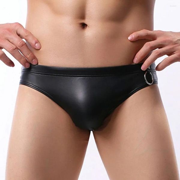 Sous-vêtements hommes noir faux sous-vêtements en cuir slips sexy mâle élastique gay anneau en métal décoration lingerie culotte pantalon