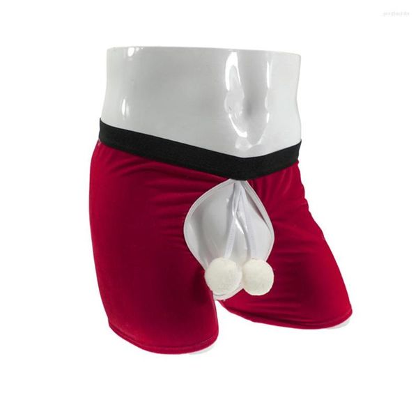 Caleçon Hommes Boxer Shorts Fluffy Ball Design Sexy Sous-Vêtements Ouvert Entrejambe Velours Crotchless Ceinture Élastique Culotte Rouge