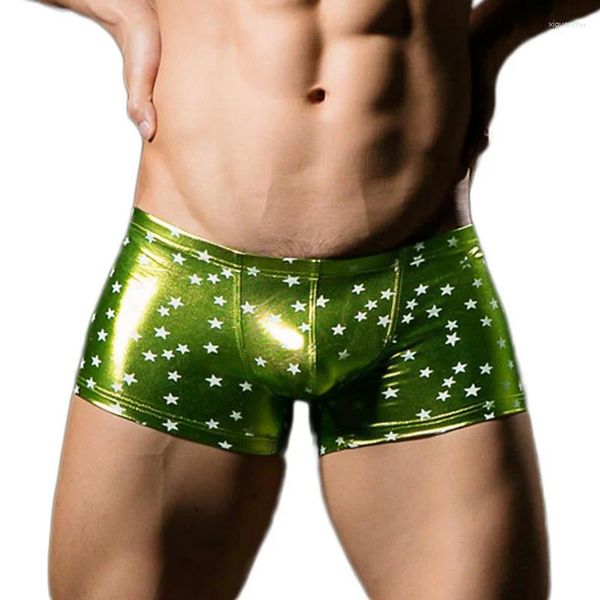 Calzoncillos Hombres Boxer Shorts Star Impreso PU Cuero Bugle Bolsa Sexy Mini Boxers Ropa interior Gay Stage Dance Bragas eróticas Medias Clubwear