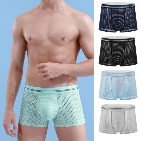 Sous-vêtements hommes boxeurs respirant sans couture mince évider glace soie refroidissement Anti-septique U convexe grande taille culottes sous-vêtements