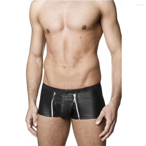 Calzoncillos Boxers para hombres, pantalones cortos de cuero PU para hombres, bolsa para pene para gais, ropa interior para hombre, BuPanties abiertos con cremallera abultada