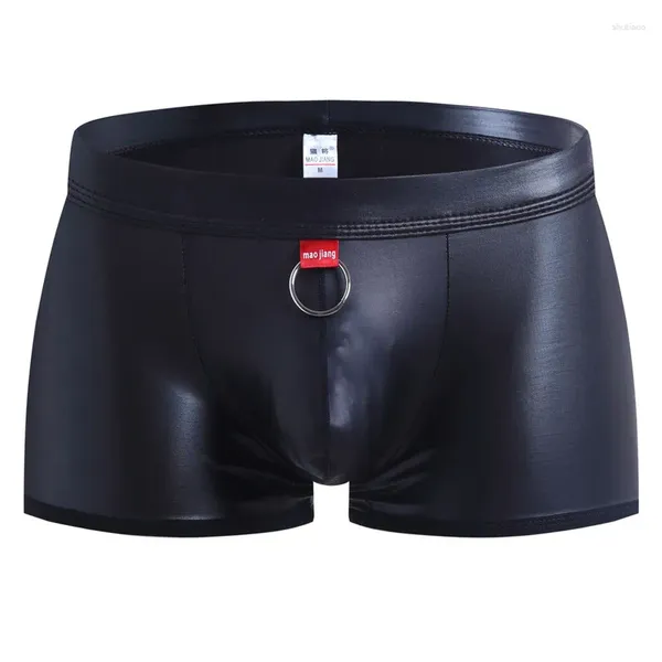 Calzoncillos Hombres Boxers Shorts Negro PU Cuero Sexy Pene Bolsa Ropa interior Cueca Masculina Estiramiento Gay Bragas de cintura baja Calzoncillo Hombre