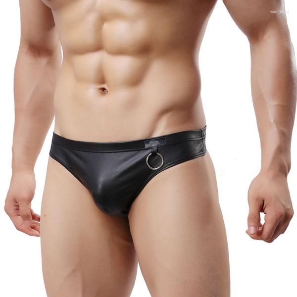 Calzoncillos calzoncillos para hombre, Bikini Sexy U convexo, ropa interior Gay de cuero PU, ropa interior de tiro bajo, lencería negra masculina, breve