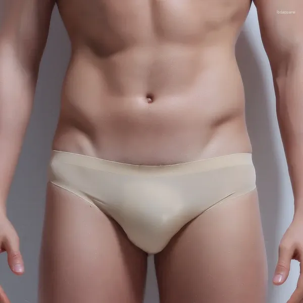 Calzoncillos para Hombre, ropa interior de seda helada, bragas con bolsa para pene sin costuras, Bikini transparente ultrafino, Tanga Gay para Hombre