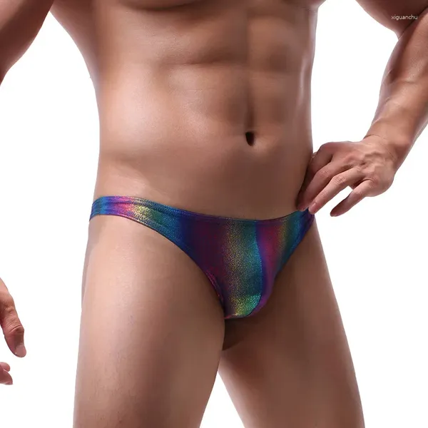 Calzoncillos para hombre, ropa interior brillante a rayas de arco iris, Tanga Sexy, bolsa para pene masculino, bragas transpirables con espalda en T Gay, Bikini