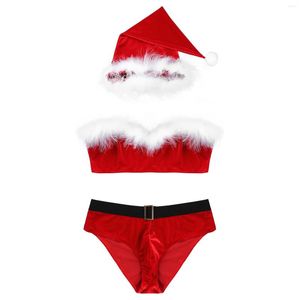 Calzoncillos para hombre, lencería navideña, traje de dormir, ropa interior Sissy, decoración de plumas, Top corto, cintura elástica, calzoncillos, sombrero de Papá Noel, Cosplay