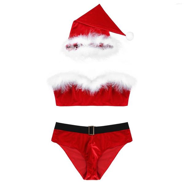 Slip Hommes Noël Lingerie Costume Vêtements De Nuit Sissy Sous-Vêtements Plume Décoration Crop Top Ceinture Élastique Mémoires Santa Hat Cosplay